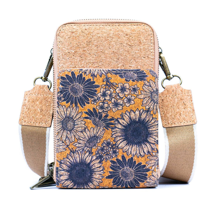 Natural Cork Women's Crossbody Phone Bag with Triple Zipper Design