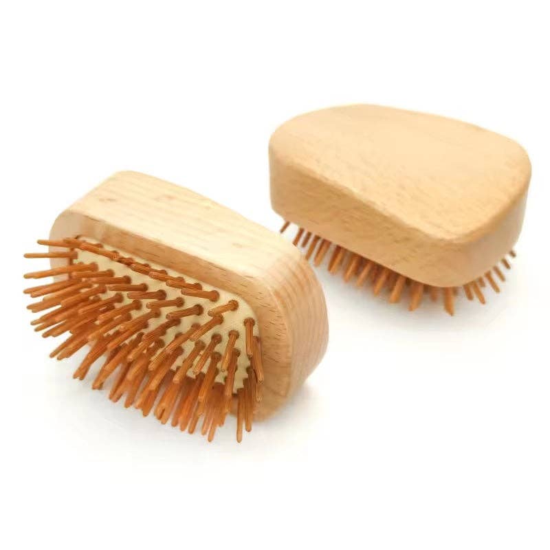 Two wooden hairbrushes with bristles on a white background
