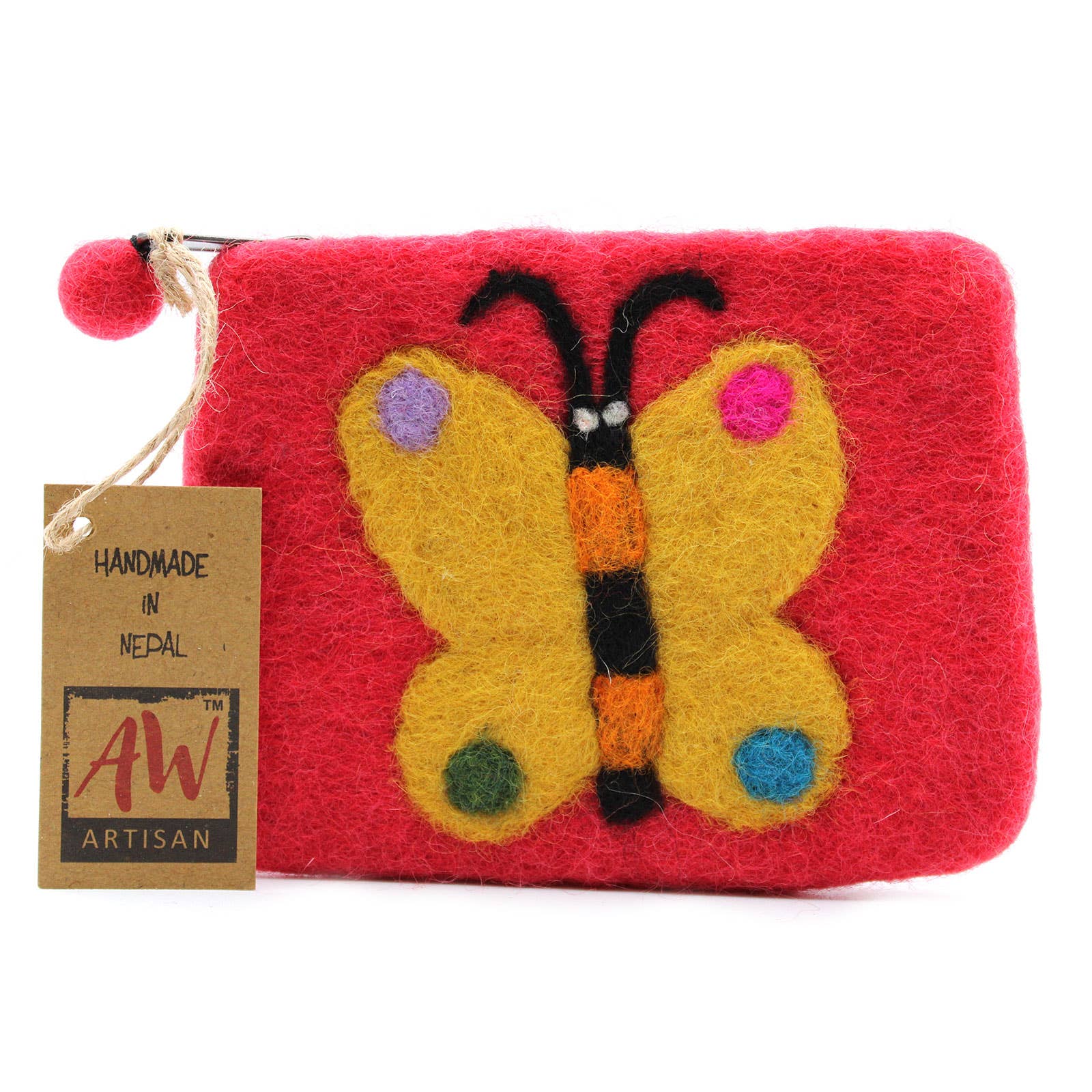 Natural Felt Zipper Pouch:- Big Butterfly