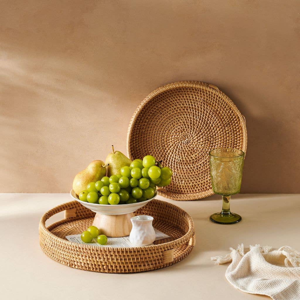 Natural Honey Round Hand Woven Wicker Serving Tray