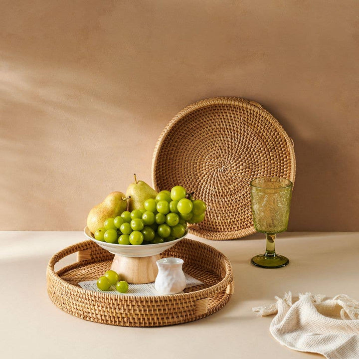 Natural Honey Round Hand Woven Wicker Serving Tray