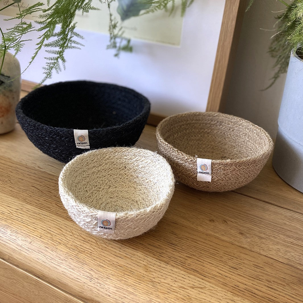 Jute Mini Bowl Trio Set – Pebble Colour Black, Cream, and White