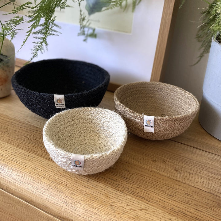 Jute Mini Bowl Trio Set – Pebble Colour Black, Cream, and White