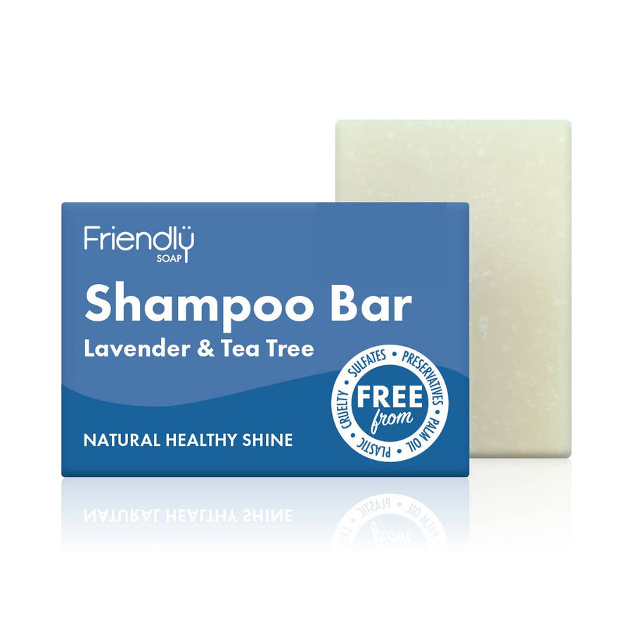 A packaged shampoo bar labeled 'Friendlu Shampoo Bar Lavender & Tea Tree' with a blue and white design indicating natural healthy shine and free from certain ingredients.