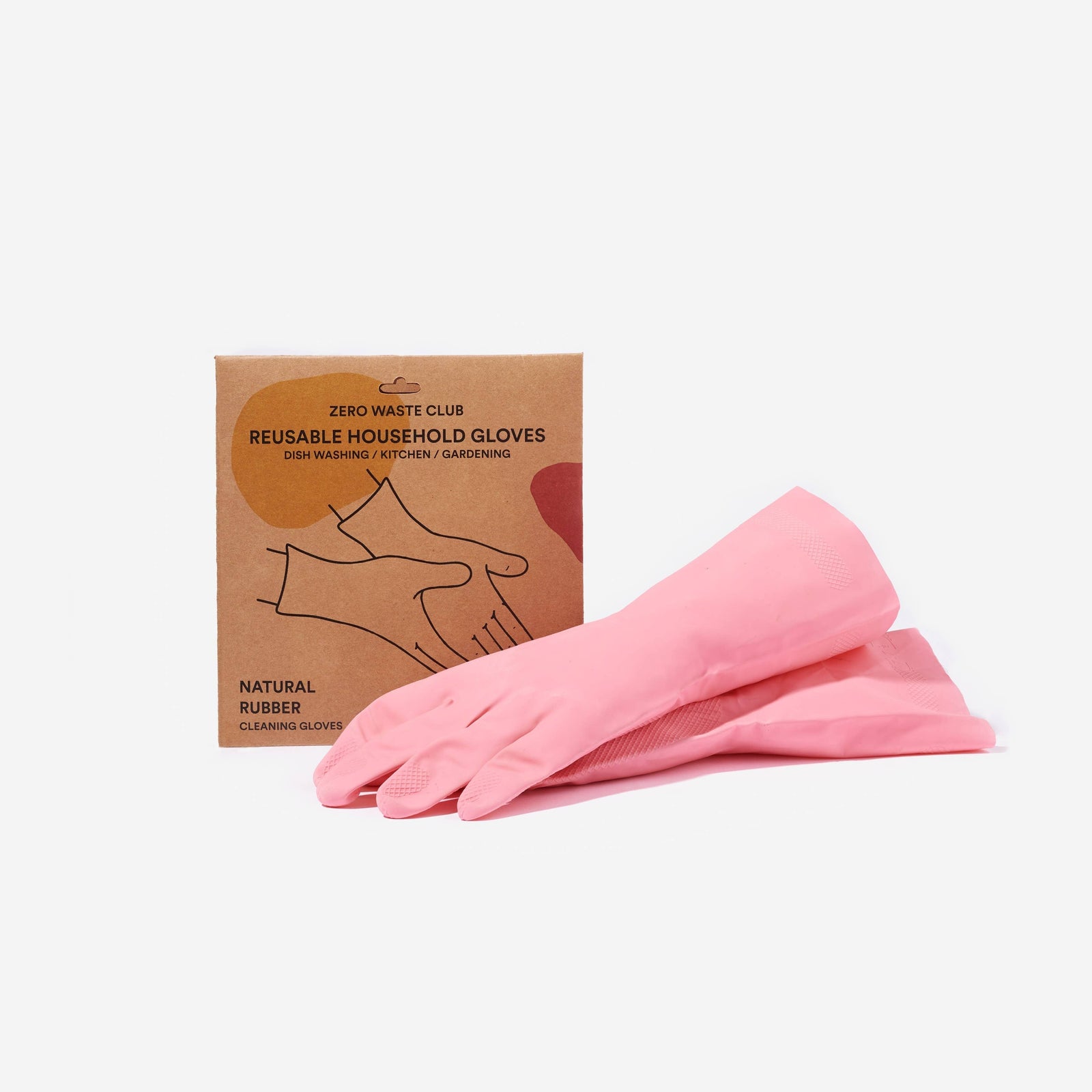 Pink reusable household gloves with a cardboard box labeled 'Zero Waste Club' on a white background