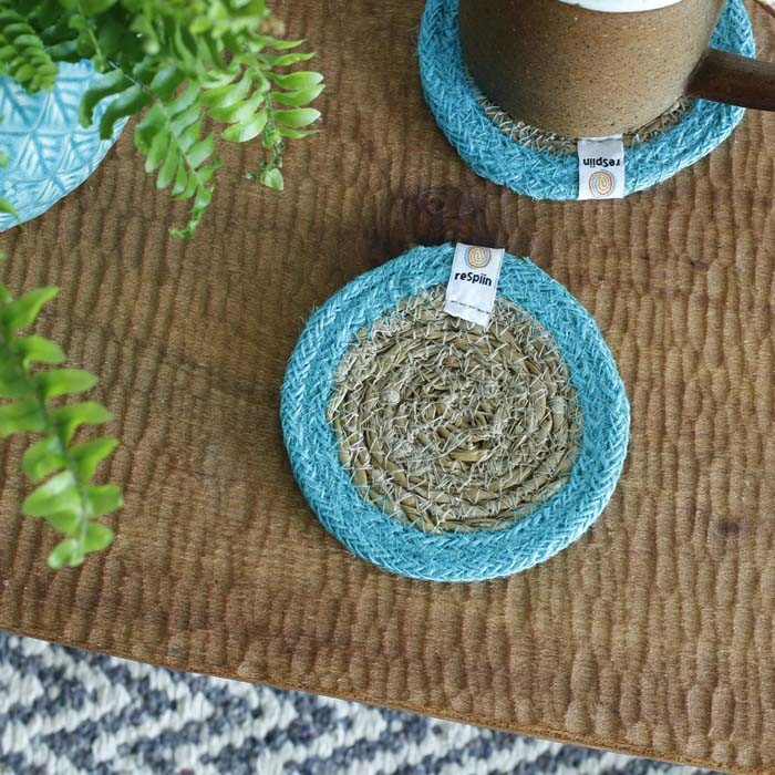 Natural Respiin Seagrass & Jute Coaster - Turquoise - The Eco Boutique 