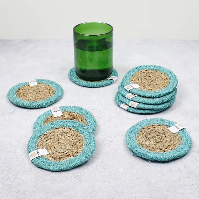 Natural brown and Turquoise eagrass & Jute Coaster - The Eco Boutique 