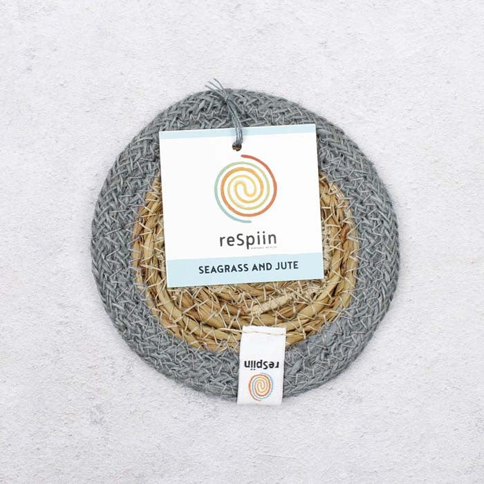 Respiin Natural Seagrass and Jute Coaster - Round Grey 