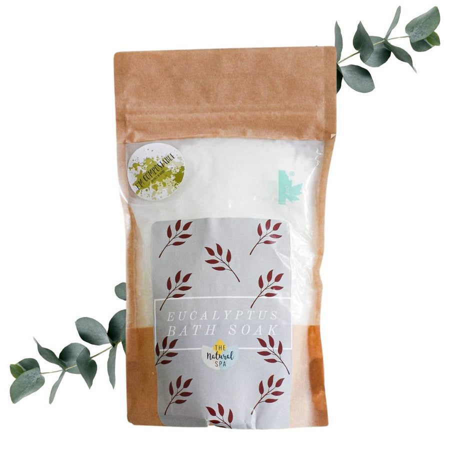 Eucalyptus Bath soak in a compostable bag.