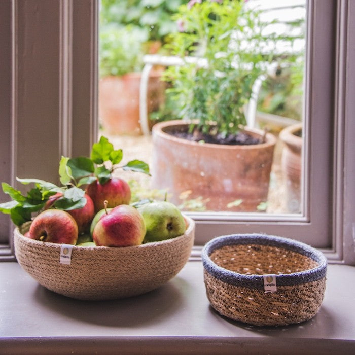 Natural storage basket made from seagrass & jute. 