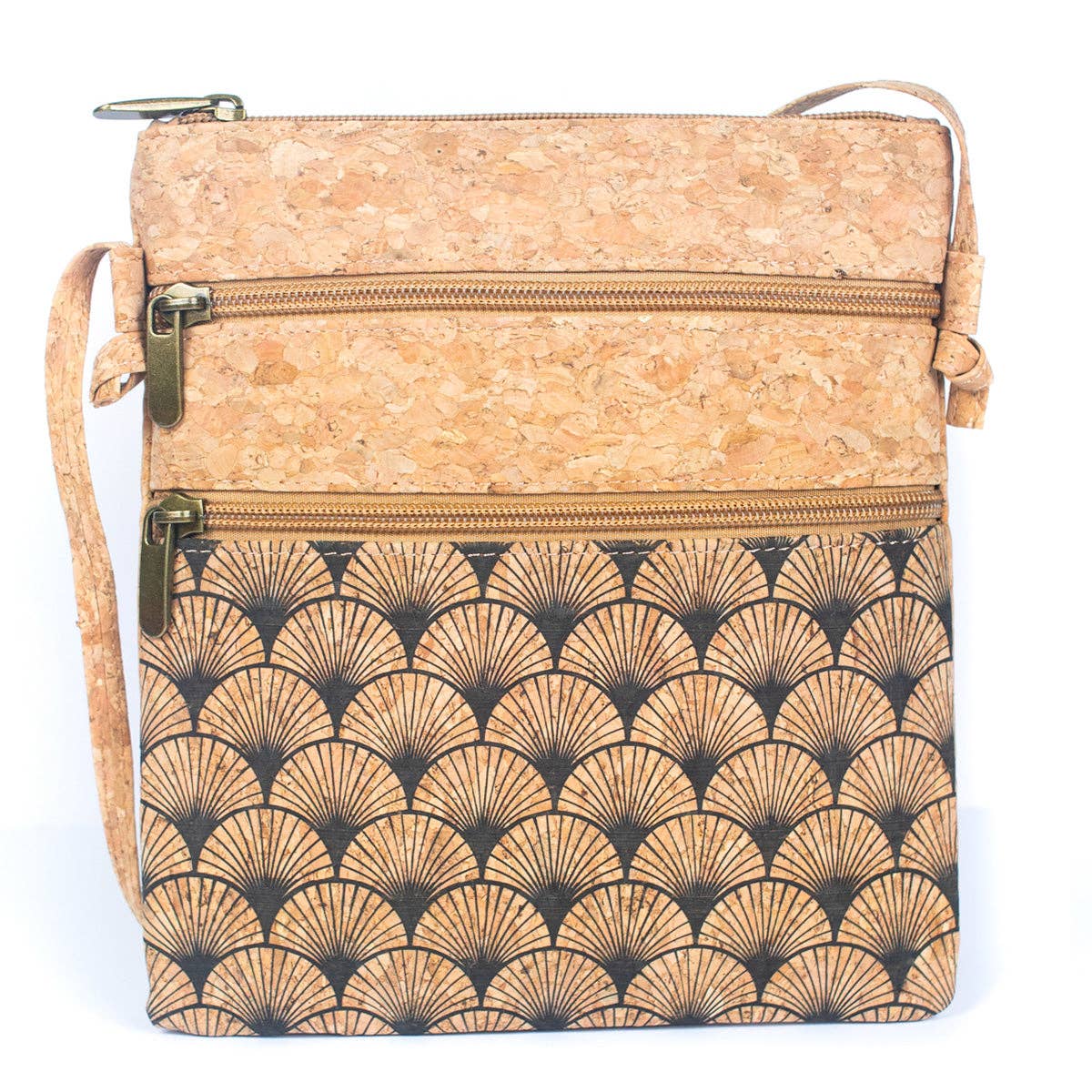 Natural cork Patterned double zipper crossbody bag