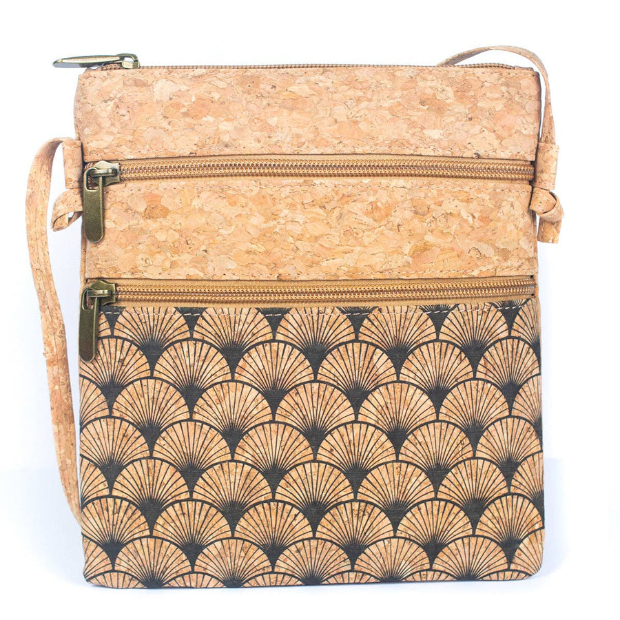 Natural cork Patterned double zipper crossbody bag