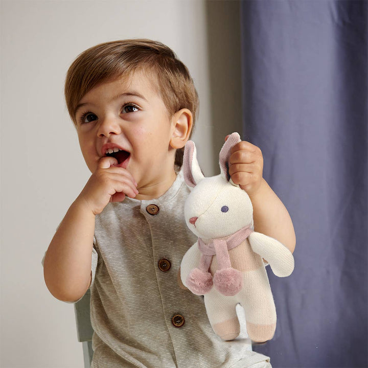 Organic baby rattle bunny in cream and pink.