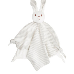 White rabbit-shaped plush toy with a striped dress on a white background