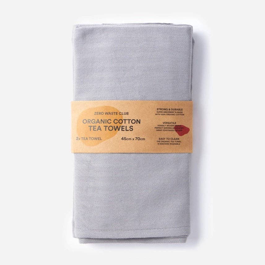 Gray organic cotton tea towel with a Zero Waste Club label on a white background