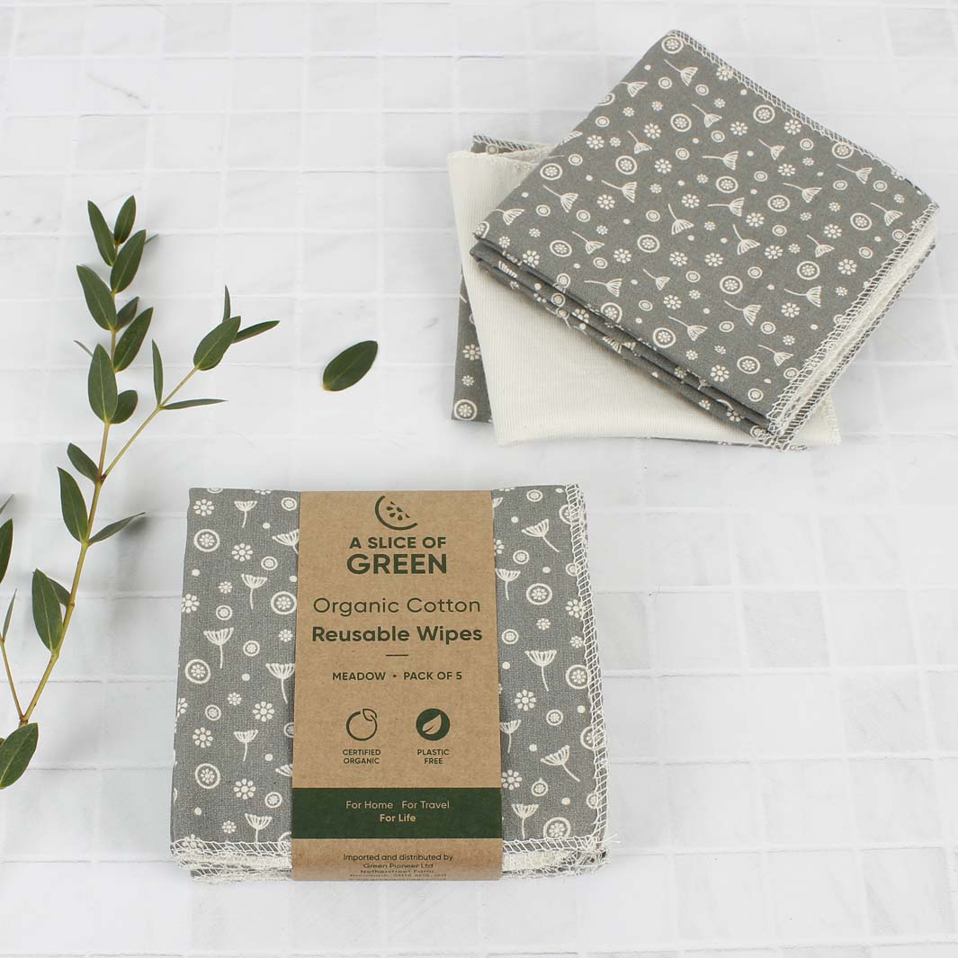 Organic cotton reusable wipes with packaging on a light background