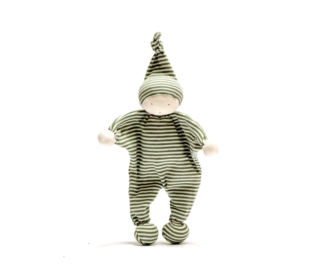 Organic Cotton Baby Plush Doll green striped made from the offcuts of fabric from the manufacture of childrens clothing - All of these are unique and only so many made in each colour.