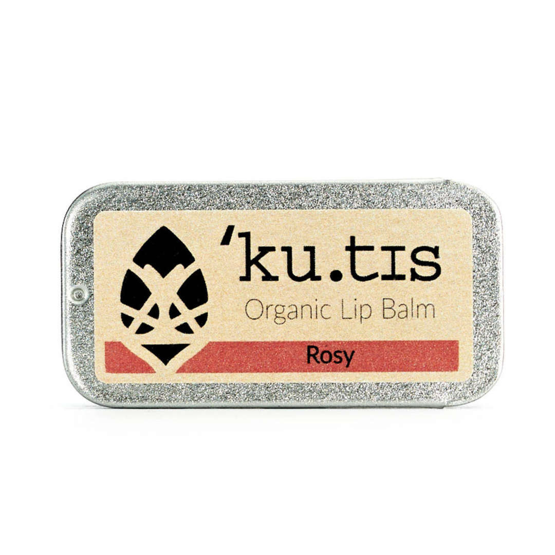 Kutis Organic Rose Lip Balm with metal slider tin.