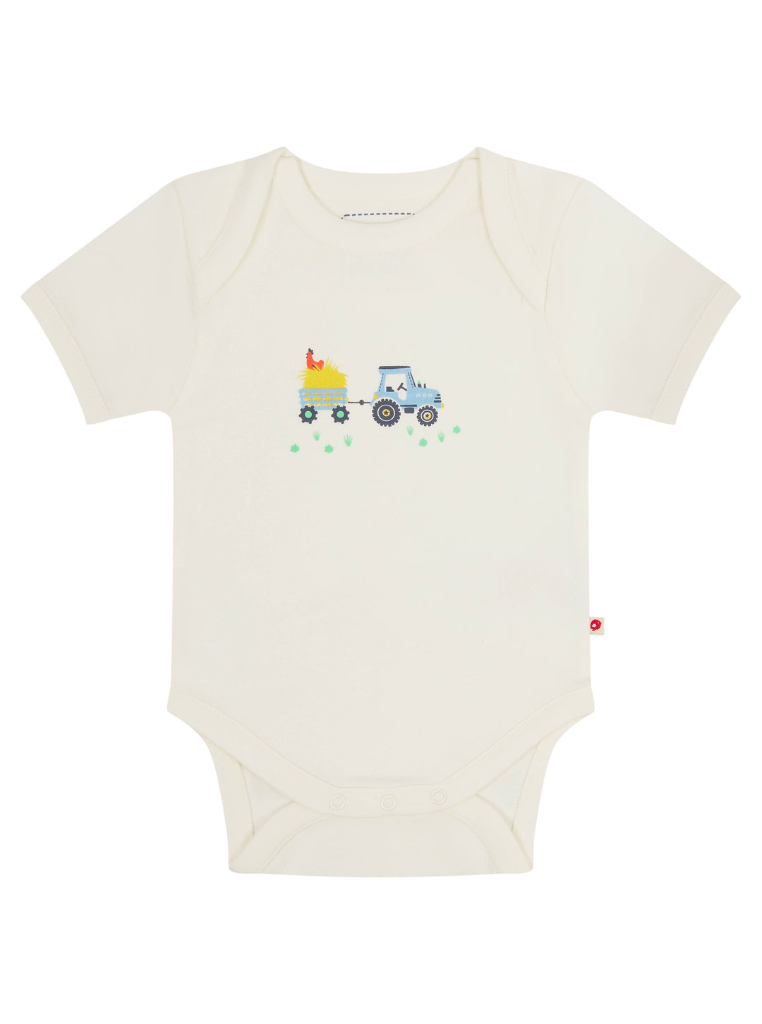 Double pack of organic cotton baby bodysuits. One bodysuit features an all-over farm print on a beige base with tractors and animals.