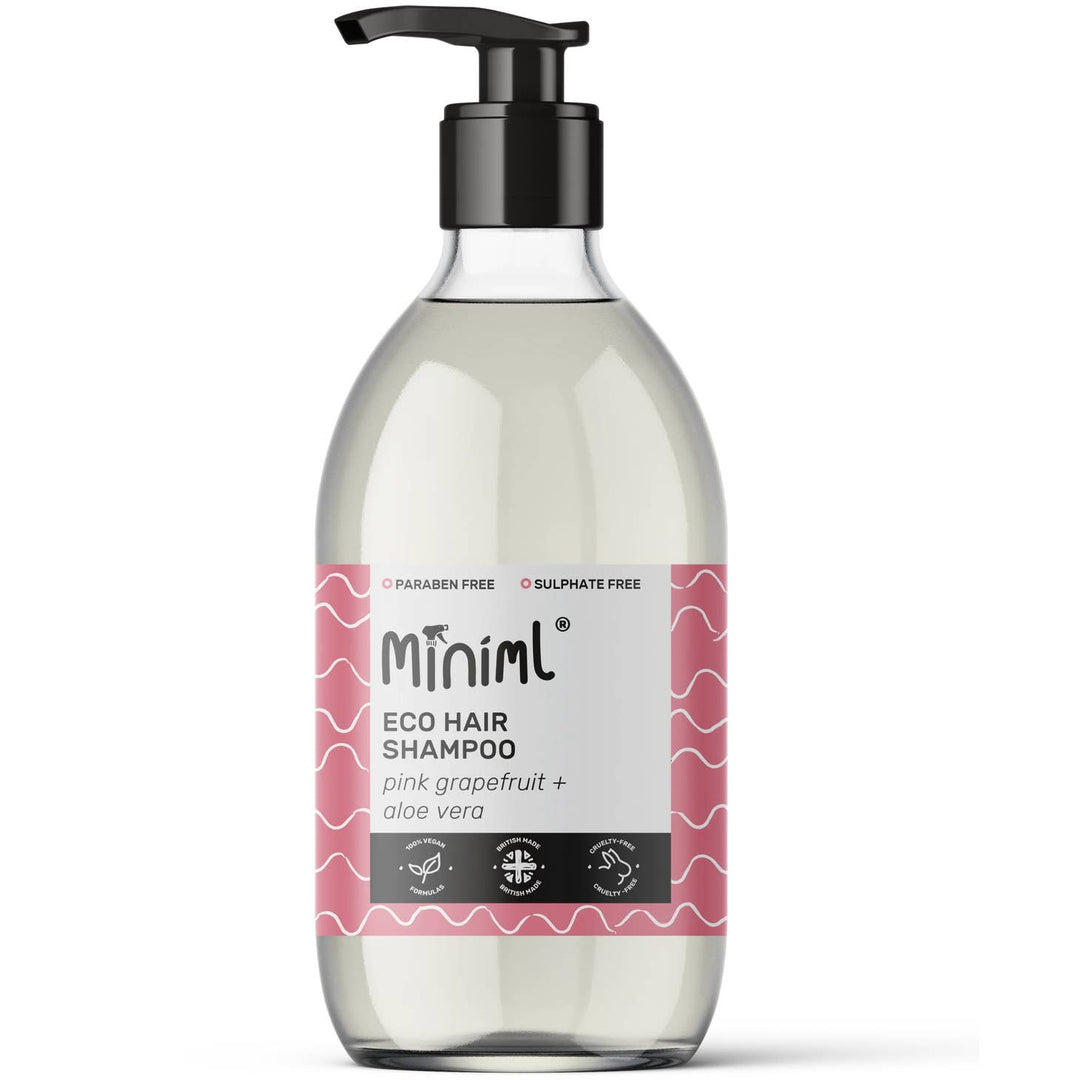 Paraben Free Shampoo - Pink Grapefruit And Aloe Vera in a 500ml Glass Bottle with a lotion pump from the brand Miniml.