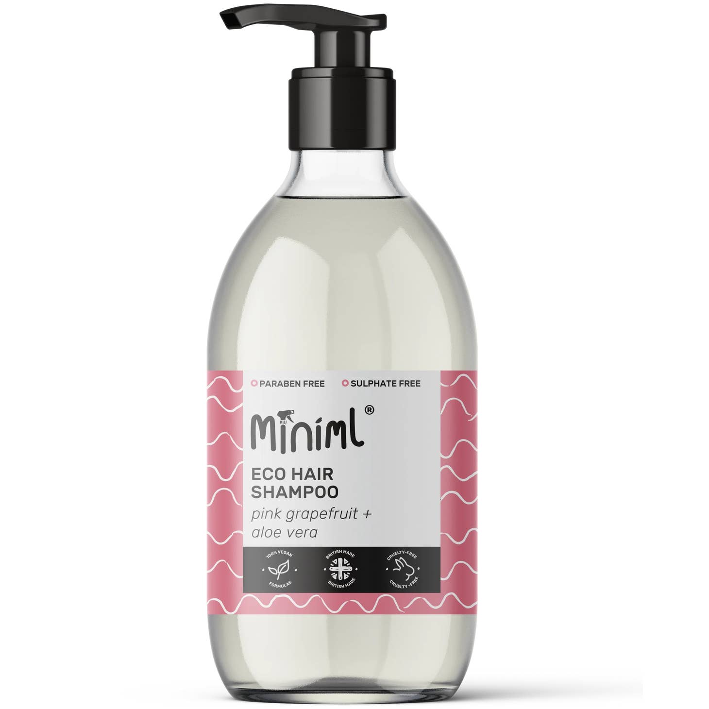 Paraben Free Shampoo - Pink Grapefruit And Aloe Vera in a 500ml Glass Bottle with a lotion pump from the brand Miniml.