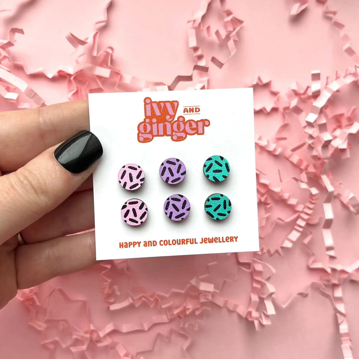 Pastel dash trio mini stud earrings set hand painted wood