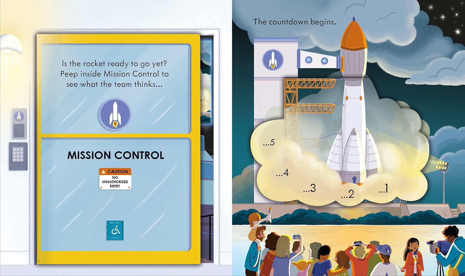 Illustration of a rocket launch with Mission Control and countdown display.