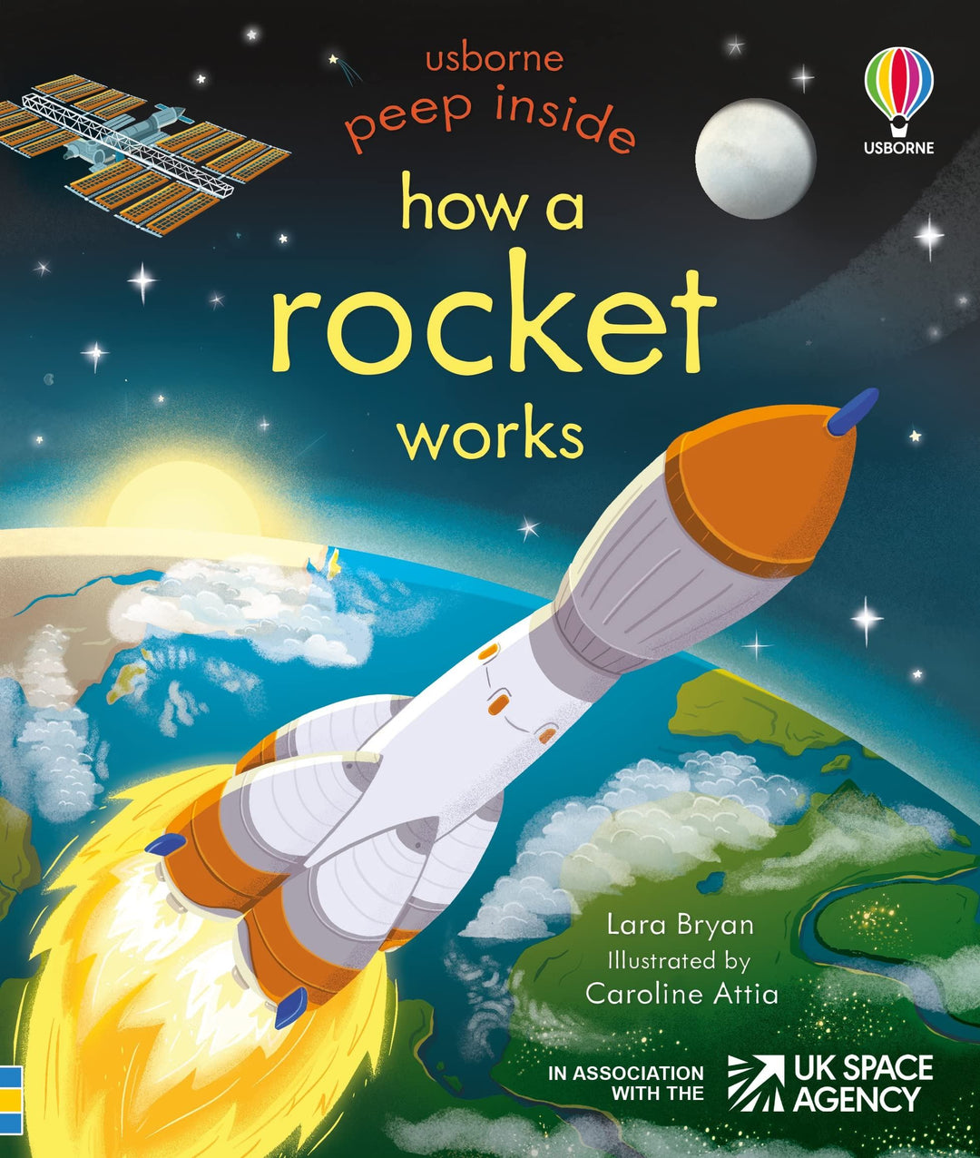 Book cover of 'How a Rocket Works' by Usborne with a rocket launching into space.