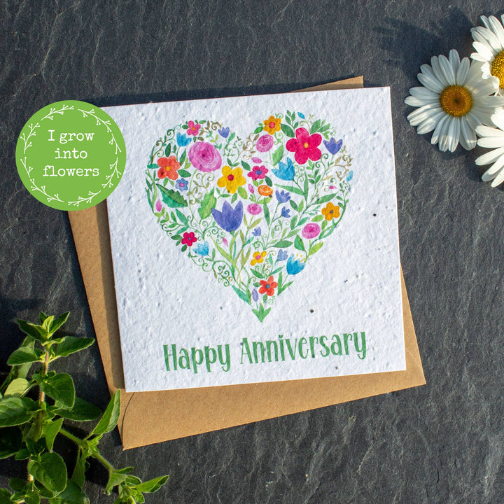 Plantable Greetings Card - Happy Anniversary. Heart with floral design.