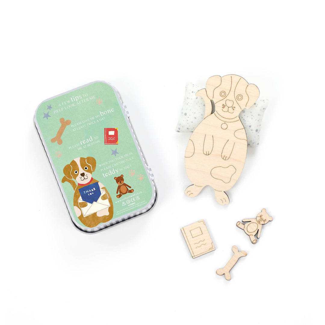 Mini maple wood dog is ready for its new home, &; is looking for a lovely owner to help look after it. Each dog is housed in a sweet stripy tin.