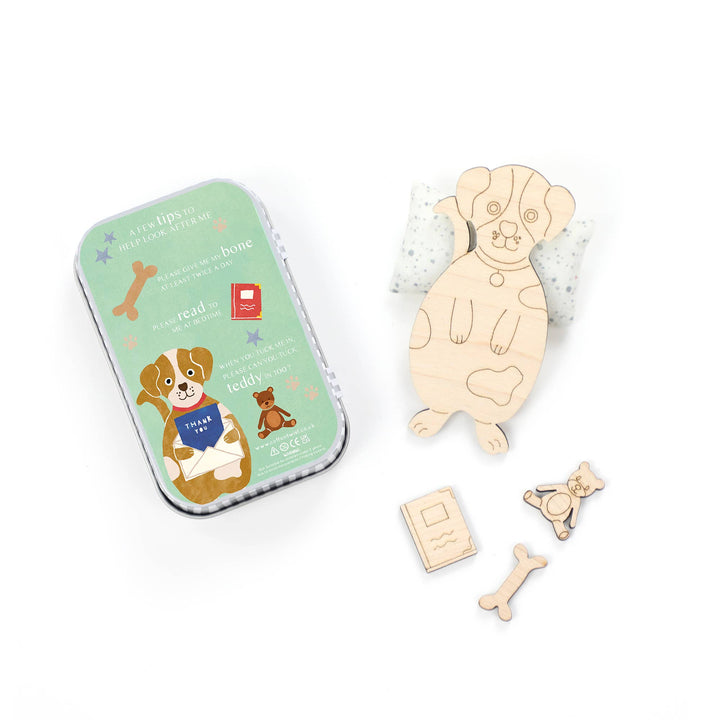 Mini maple wood dog is ready for its new home, &; is looking for a lovely owner to help look after it. Each dog is housed in a sweet stripy tin.