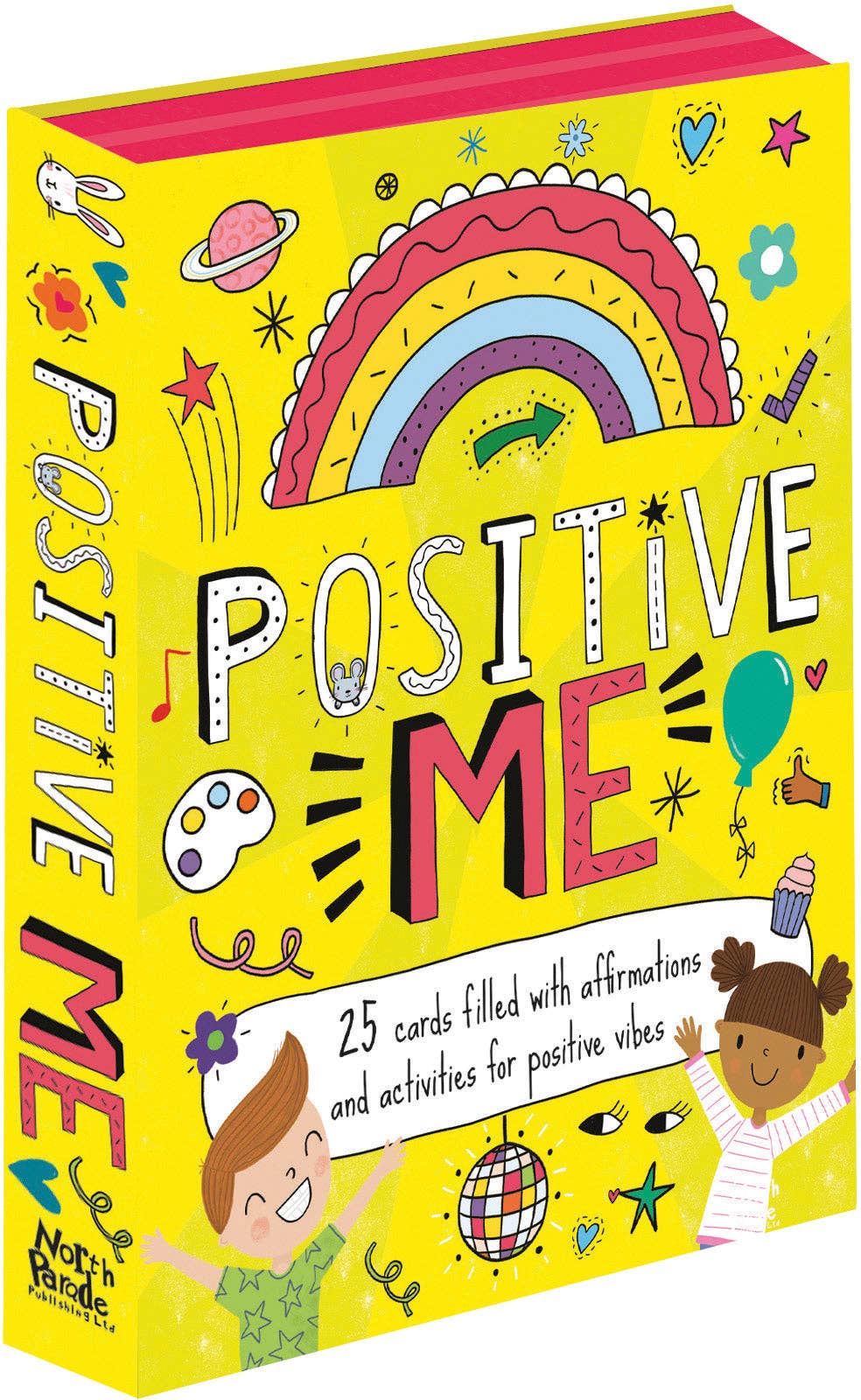 Colourful box of 'Positive Me' cards with illustrations and text on a yellow background