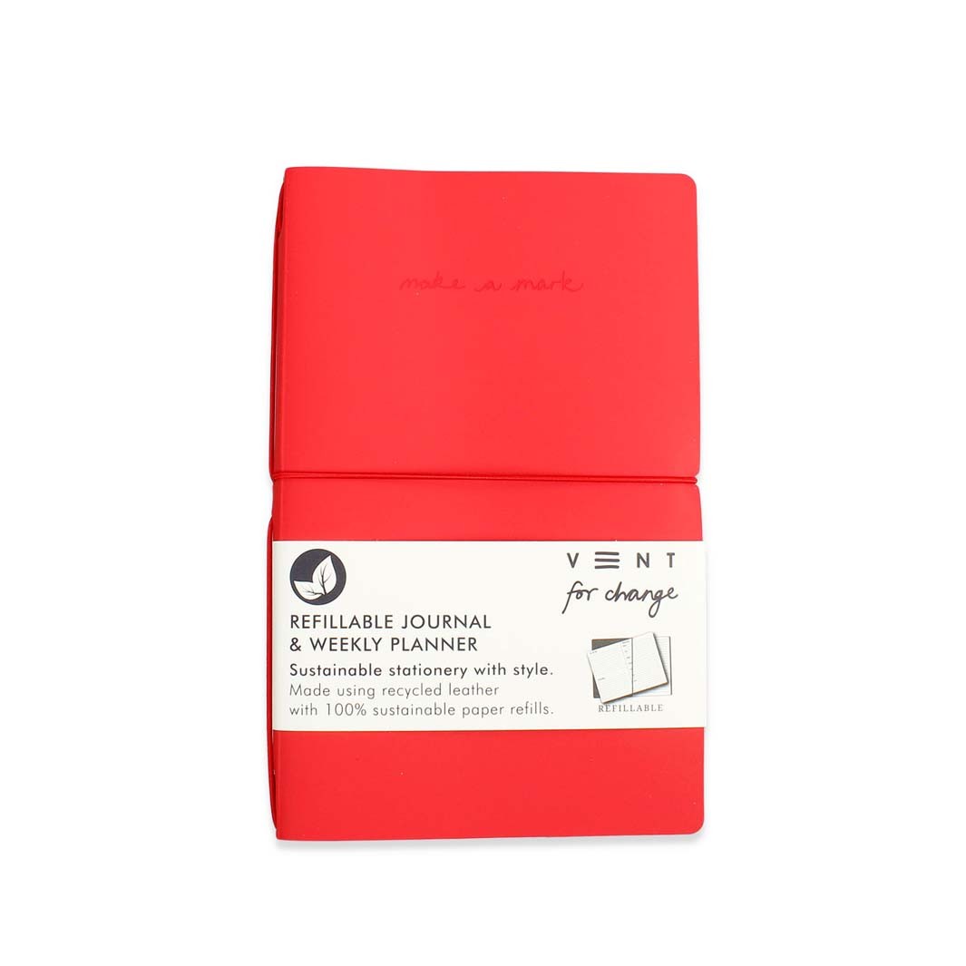 Recycled Leather Refillable Journal and Weekly Planner – Red