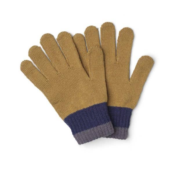Pair of gloves with a dark yellow body and blue cuffs on a white background