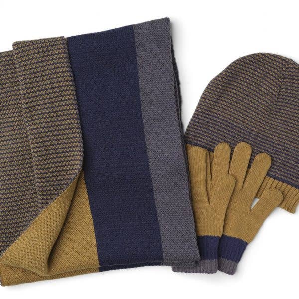 Knitted scarf, gloves, and beanie set with brown and blue color scheme on a white background