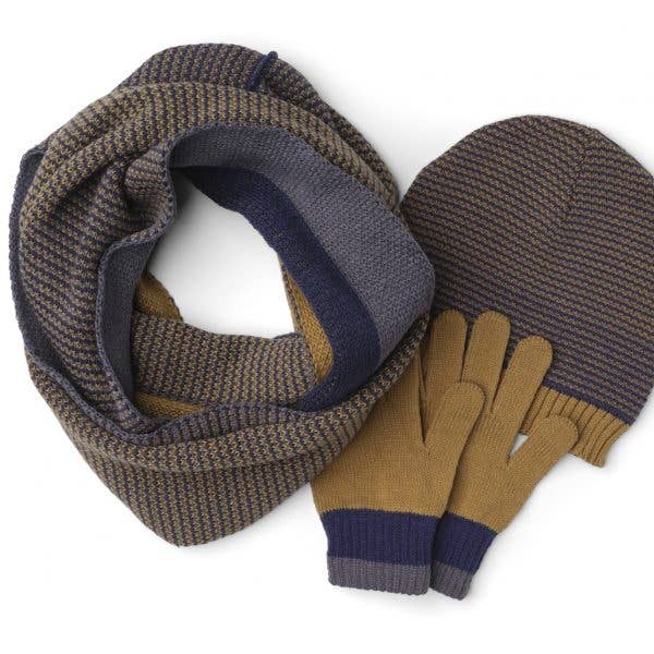 Knitted scarf, gloves, and hat set with brown and blue pattern on a white background