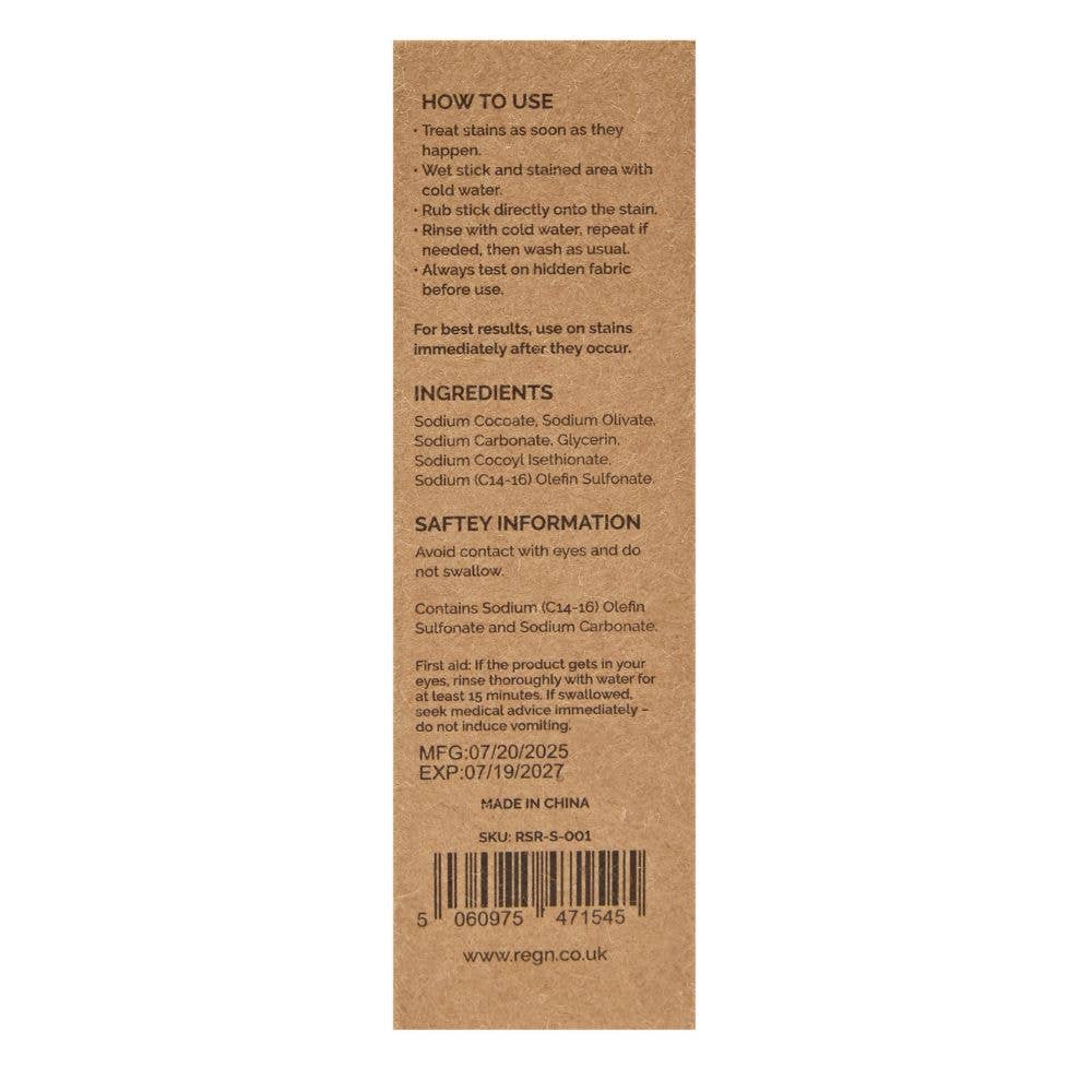 Back of box for stain Remover Stick with directions for use, ingredients and barcode.