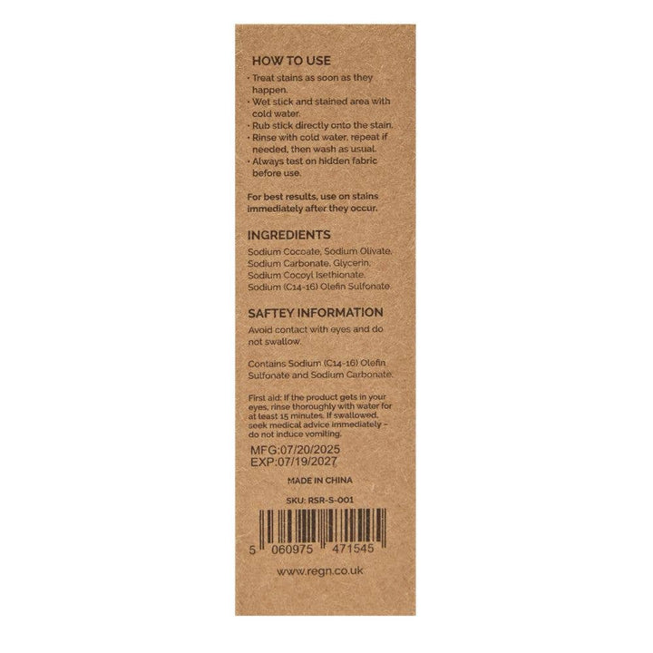 Back of box for stain Remover Stick with directions for use, ingredients and barcode.