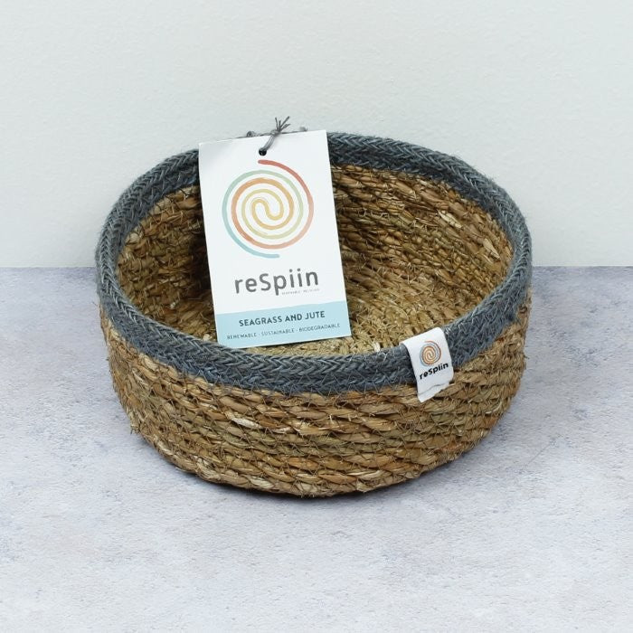 Respiin Grey Seagrass & Jute Small Shallow Basket