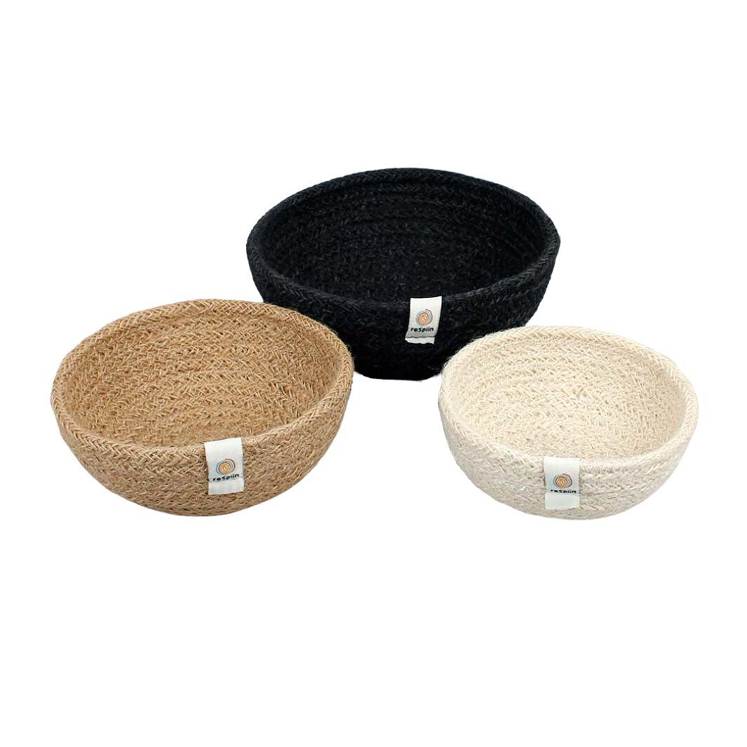 Jute Mini Bowl Trio Set – Pebble Colour Black, Cream, and White