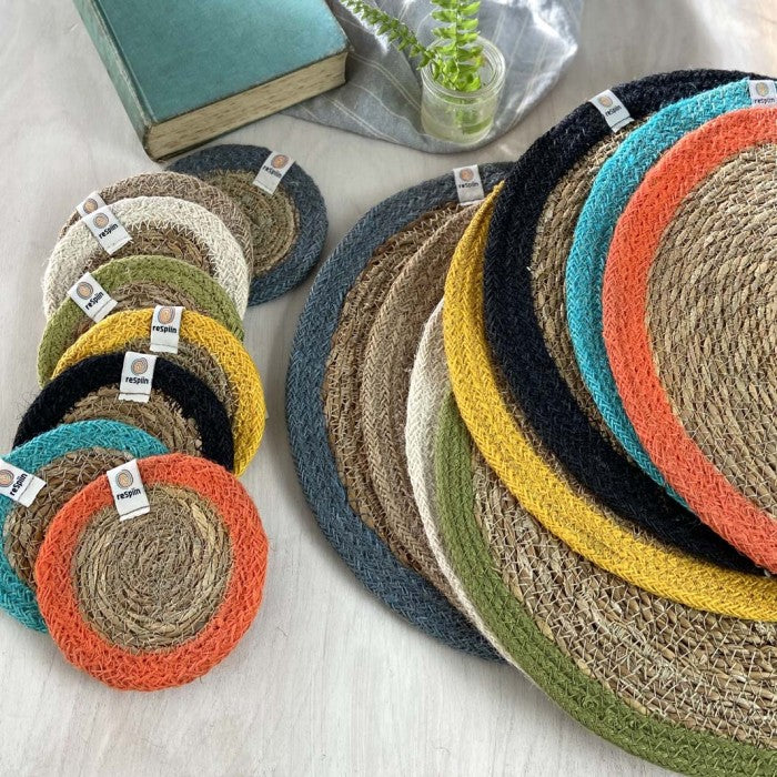 Seagrass &amp; jute coasters and table mats in a mixture of vibrant colours.
The Eco Boutique 