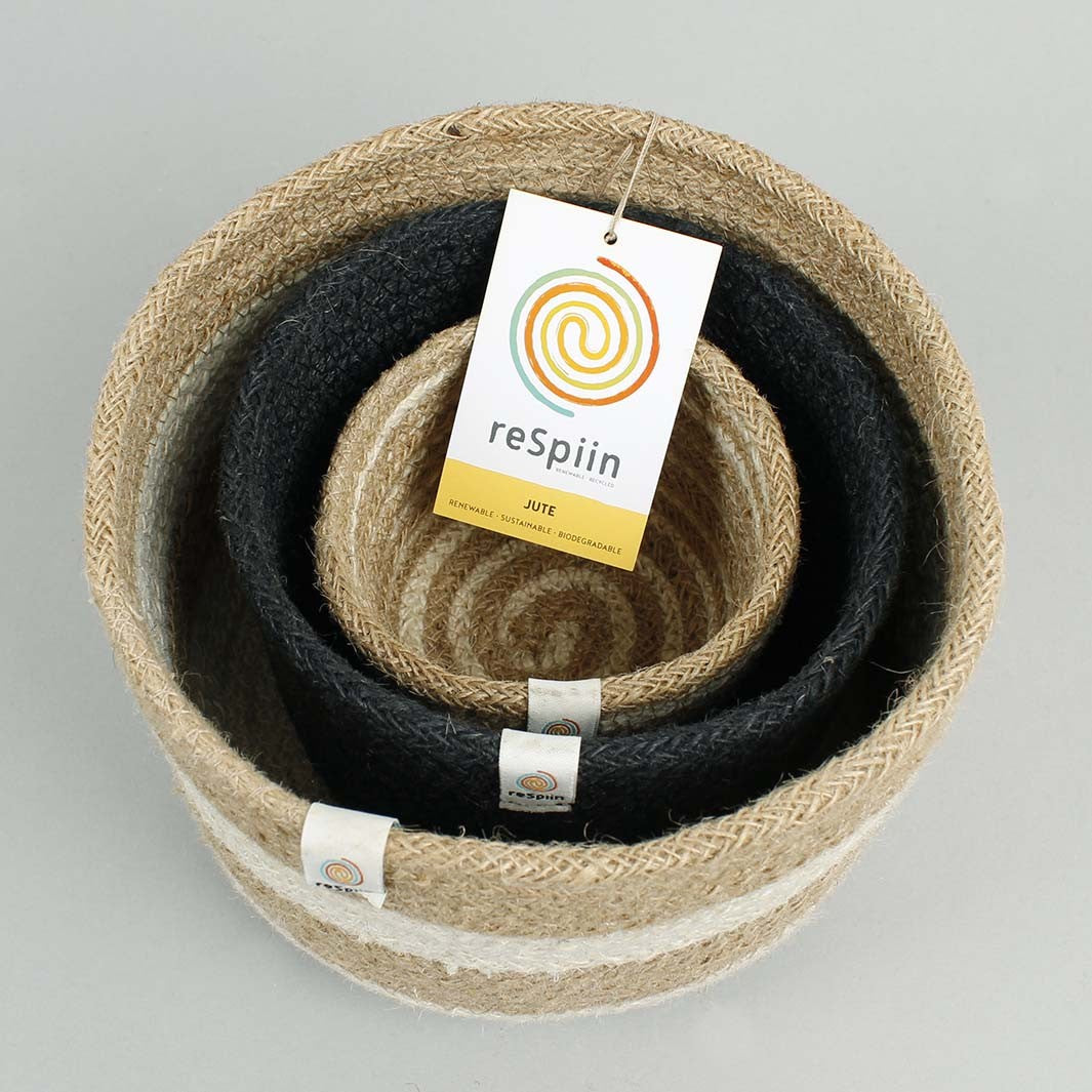 Natural Jute Basket Set – Pebble Cream and White with horizontal lines, Medium Sized Black basket, Small White and cream horizontal lines. Stacked inside one another.