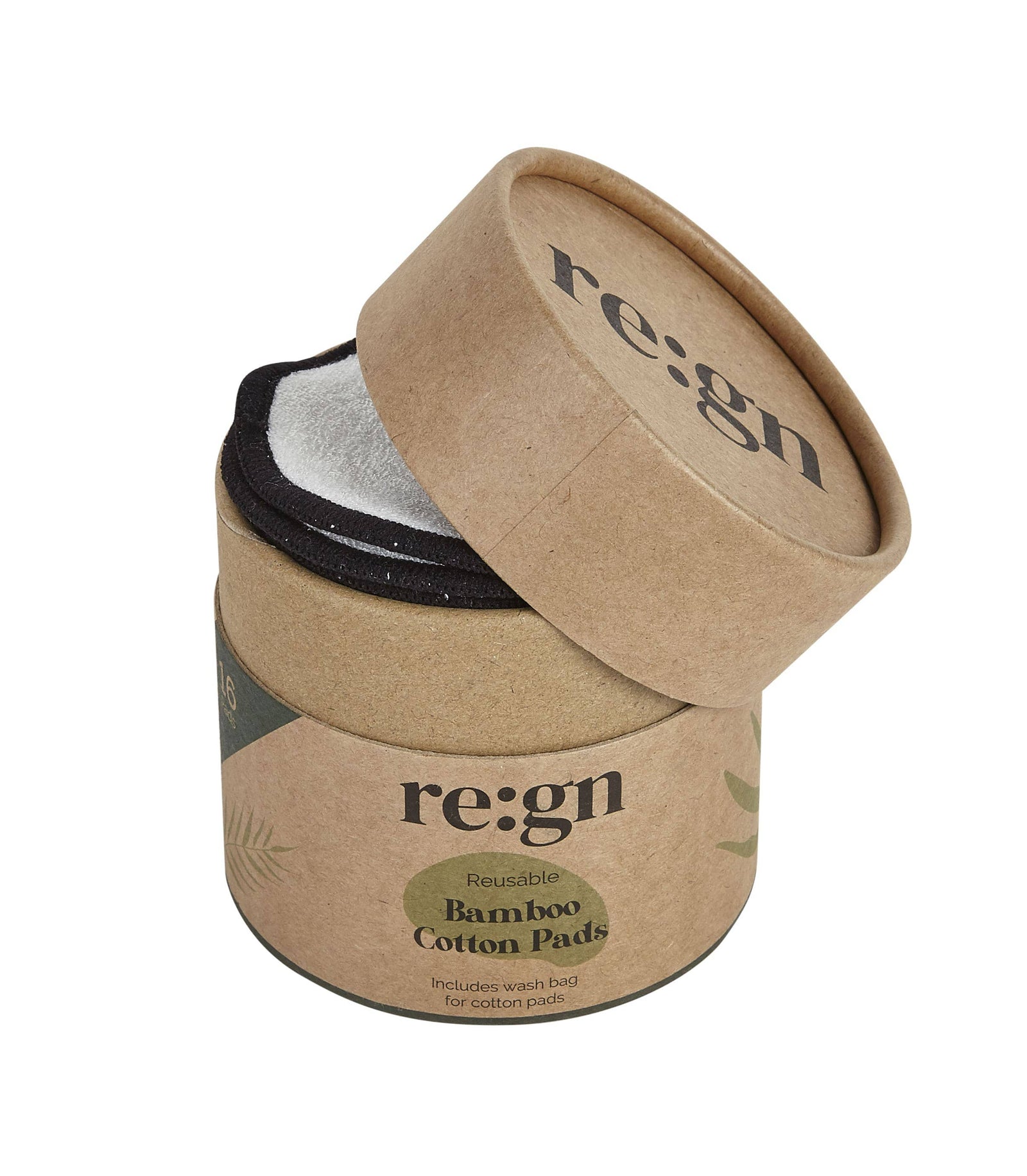 Bamboo cotton pads in a cardboard container with 're:gn' branding on a white background