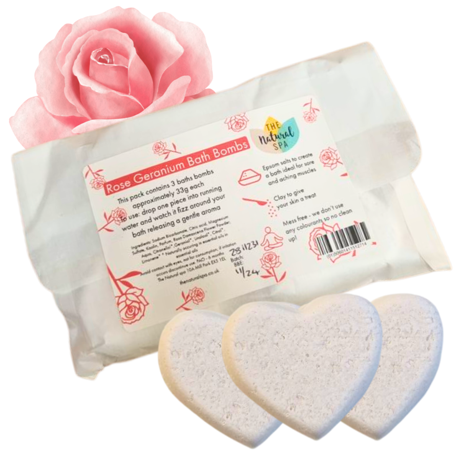 Rose Geranium pack of 3 bath bombs. These bath bombs are designed to create an aromatherapy-style bath.