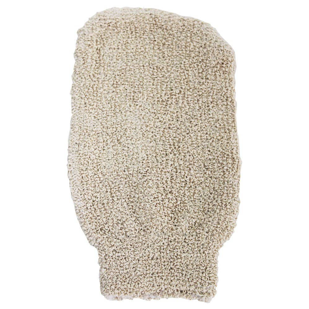 Beige scrubbing mitt on a white background