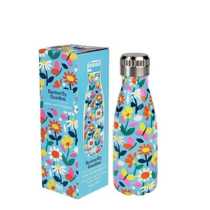 Stainless Steel Bottle 260ml - Butterfly Garden blue with colourful butterflies. This bottle keeps drinks hot and cold for 12 hours.