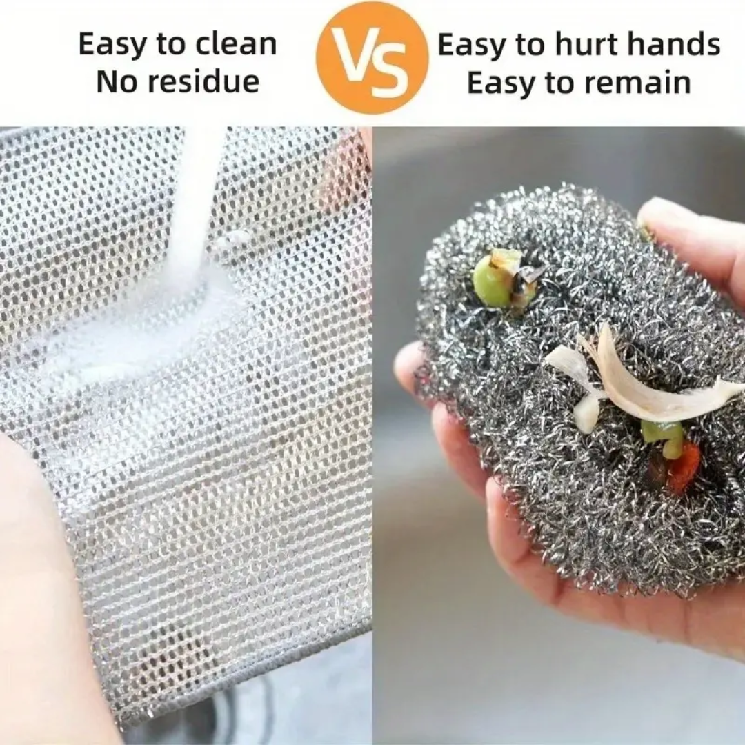 Comparison of a metal mesh scrubber and double sided dishcloth surface with soapy water and a hand holding a steel wool pad with plant parts.