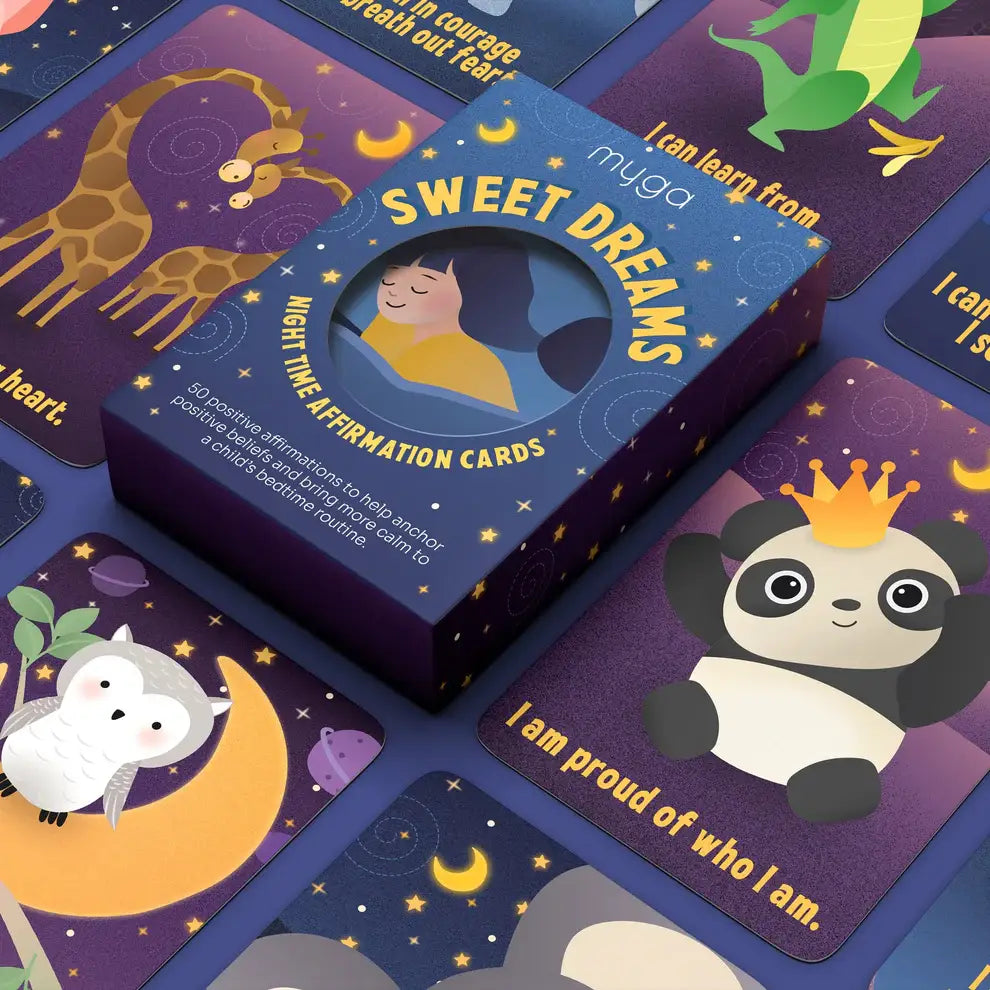 Set of 'Sweet Dreams' affirmation cards with illustrations and text on a purple background