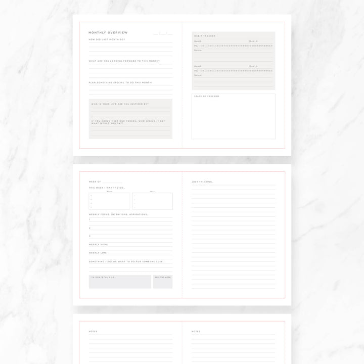 Monthly overview & habit tracker
Weekly overview & focus
Notes
