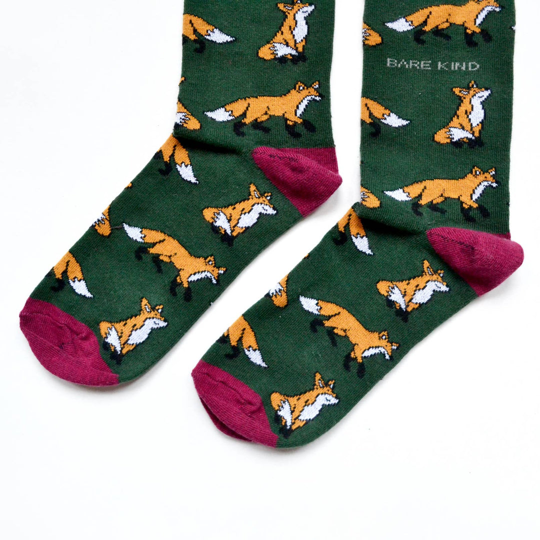 Bamboo socks with fox print on green and burgundy socks.